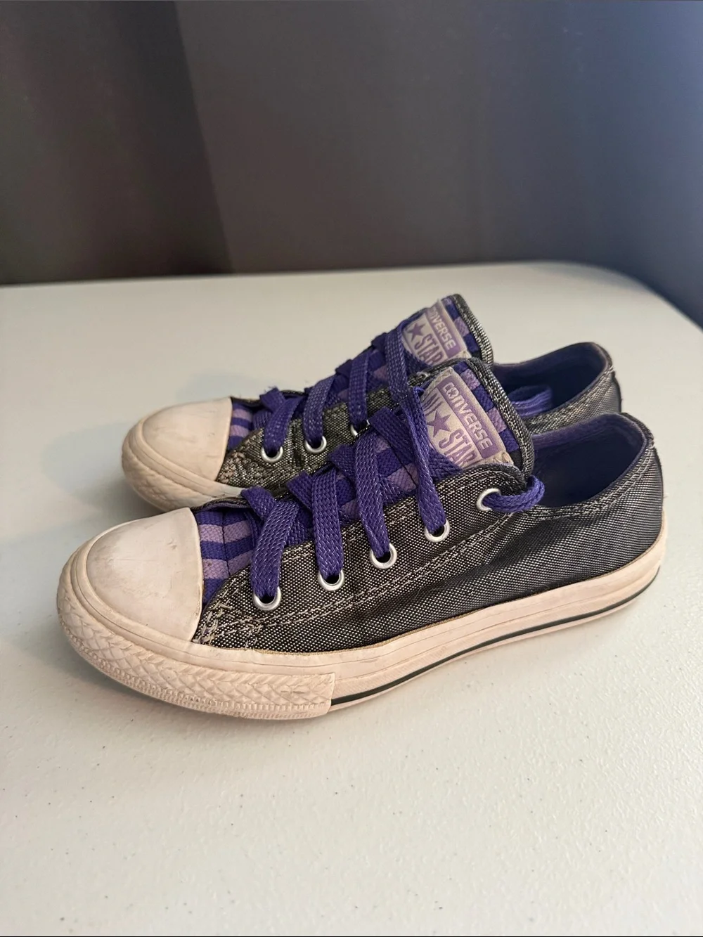 Converse Kids Low Top Sneakers in Purple and Black Denim